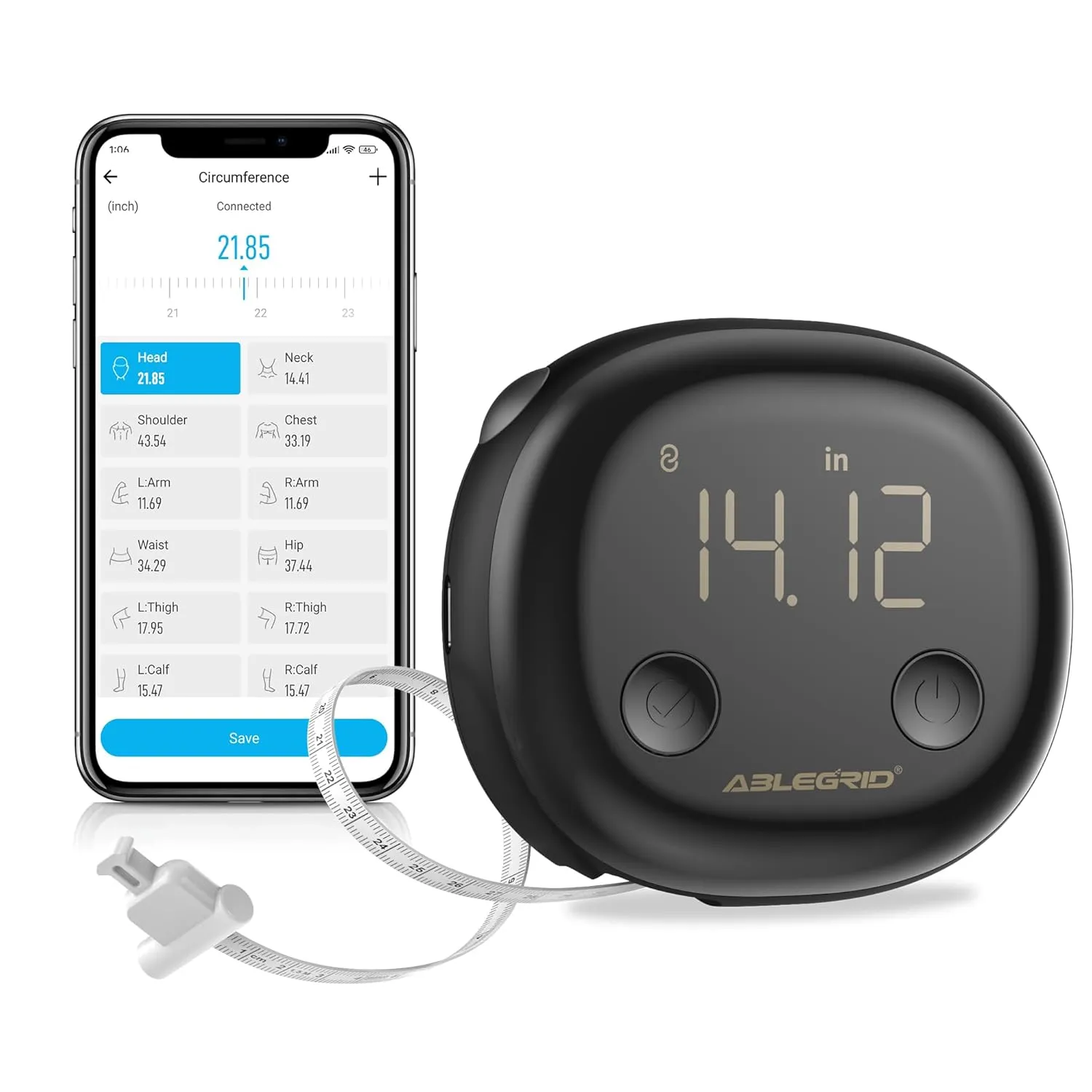 ABLEGRID Smart Tape Measure, Rechargeable Digital Body Fat Measurement Device with Fitdays APP, Accurate Retractable Tool for Muscle Gain, Weight Loss, Fitness, Locking, 60in/150cm