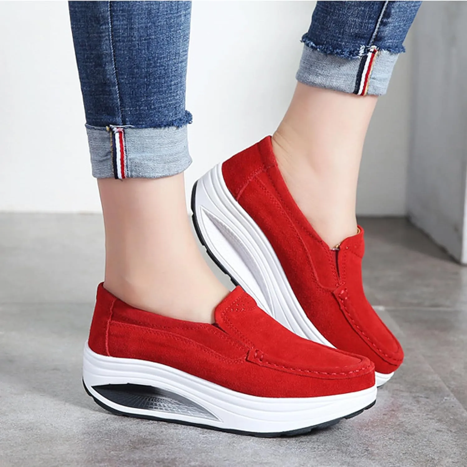 Aceptolcom Women's Red Suede Platform Wedge Loafers, Casual Comfort Good Arch Support Slip On Shoes, Size 4.5-9.5