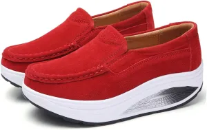 Aceptolcom Women's Red Suede Platform Wedge Loafers, Casual Comfort Good Arch Support Slip On Shoes, Size 4.5-9.5