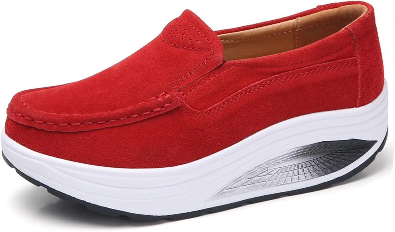 Aceptolcom Women's Red Suede Platform Wedge Loafers, Casual Comfort Good Arch Support Slip On Shoes, Size 4.5-9.5