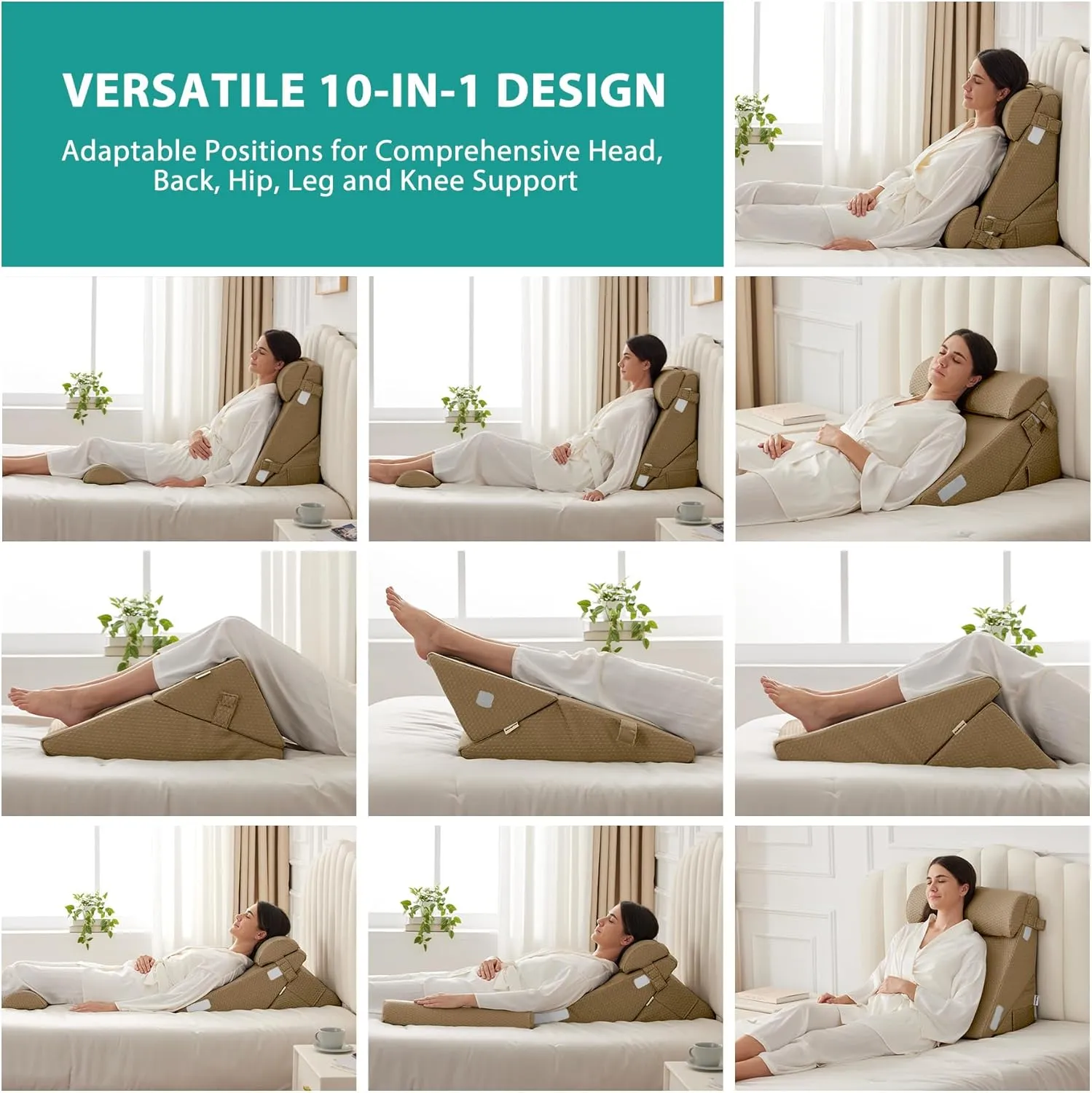 Adjustable 4pcs Bed Wedge Pillow Set, Memory Foam Wedges Pillow Post Surgery for Back, Neck, Leg Pain Relief, Pillows Wedge for Sleeping, Sitting up in Bed, Acid Reflux and GERD, Brown