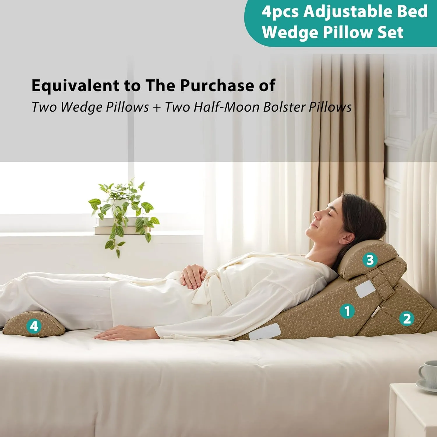 Adjustable 4pcs Bed Wedge Pillow Set, Memory Foam Wedges Pillow Post Surgery for Back, Neck, Leg Pain Relief, Pillows Wedge for Sleeping, Sitting up in Bed, Acid Reflux and GERD, Brown