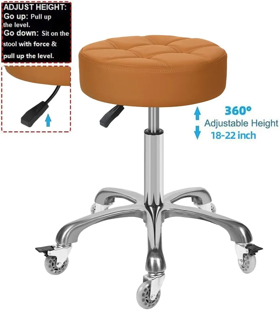Adjustable Heavy Duty Stool - Rolling Stools with Locking Caster Wheels - Swivel Stools Backless Chair for Beauty Hair Salon Spa Home Kitchen Office Shop Massage (Camel, Height 18 to 22 in)