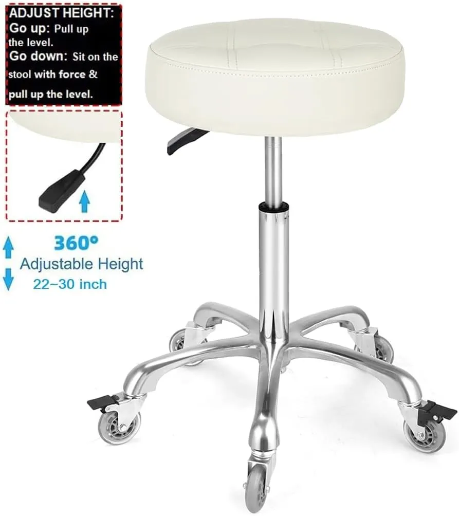 Adjustable Heavy Duty Stool - Rolling Stools with Locking Caster Wheels - Swivel Stools Backless Chair for Home Kitchen Office Shop Tattoo Lash Tech Pedicure(Off White, Height 22 to 30 in)