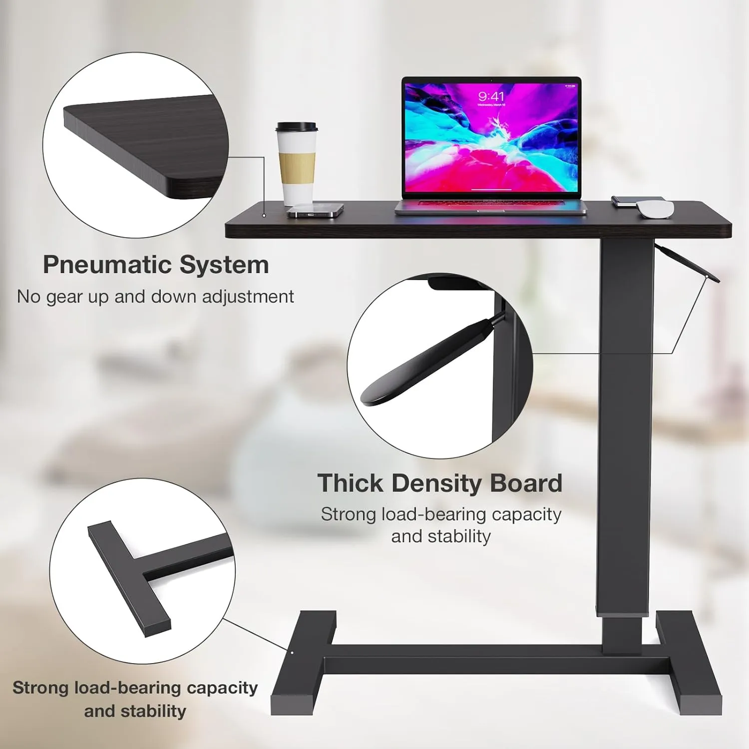Adjustable Overbed Bedside Table with Wheels, Hospital Bed Table for Home Rolling Laptop Table, Pneumatic Mobile Standing Desk, Black