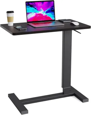 Adjustable Overbed Bedside Table with Wheels, Hospital Bed Table for Home Rolling Laptop Table, Pneumatic Mobile Standing Desk, Black