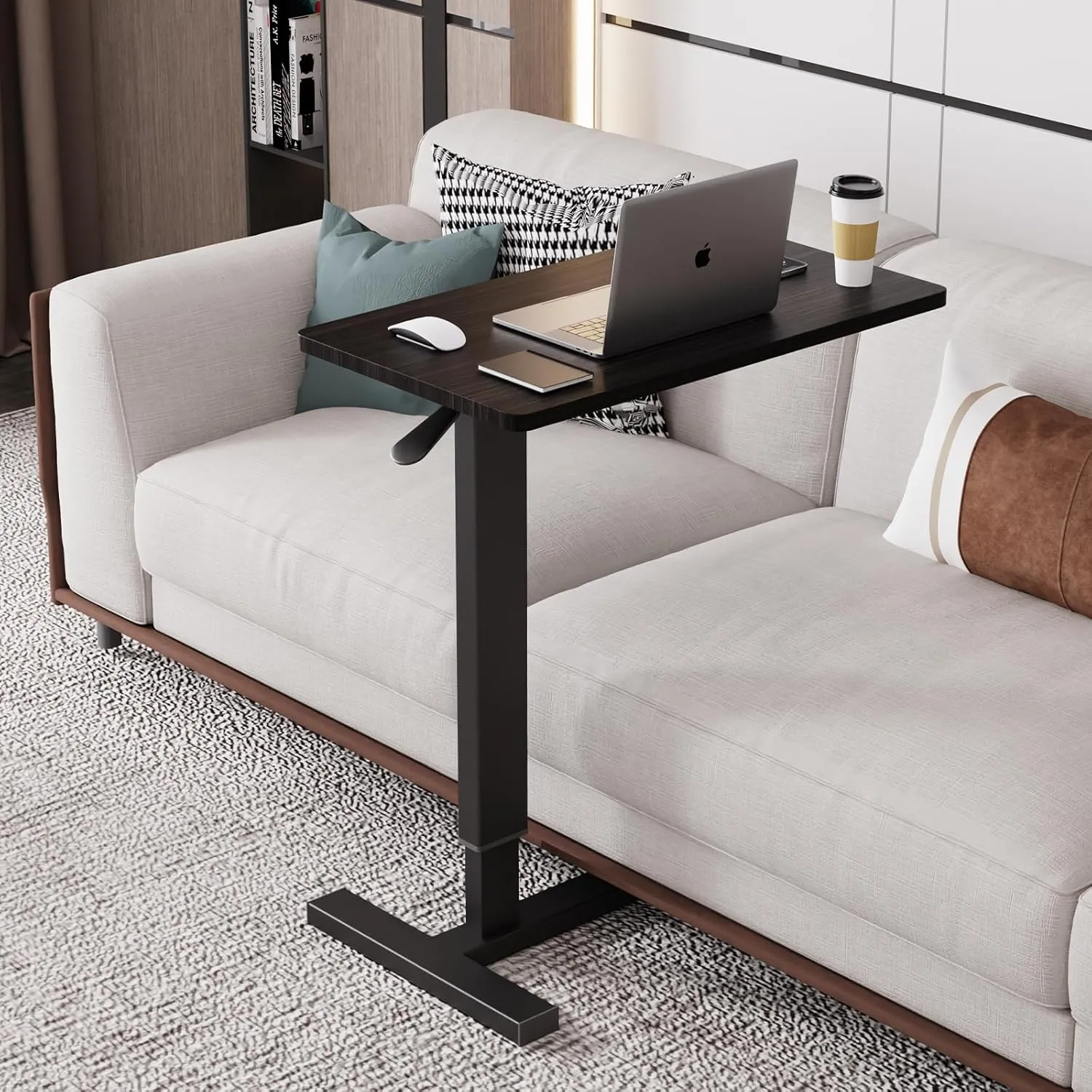 Adjustable Overbed Bedside Table with Wheels, Hospital Bed Table for Home Rolling Laptop Table, Pneumatic Mobile Standing Desk, Maple