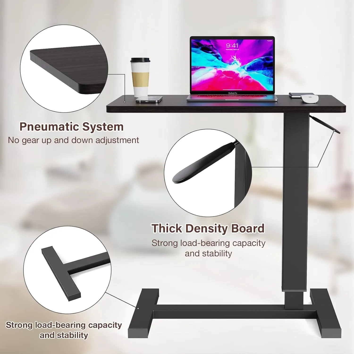 Adjustable Overbed Bedside Table with Wheels, Hospital Bed Table for Home Rolling Laptop Table, Pneumatic Mobile Standing Desk, Maple