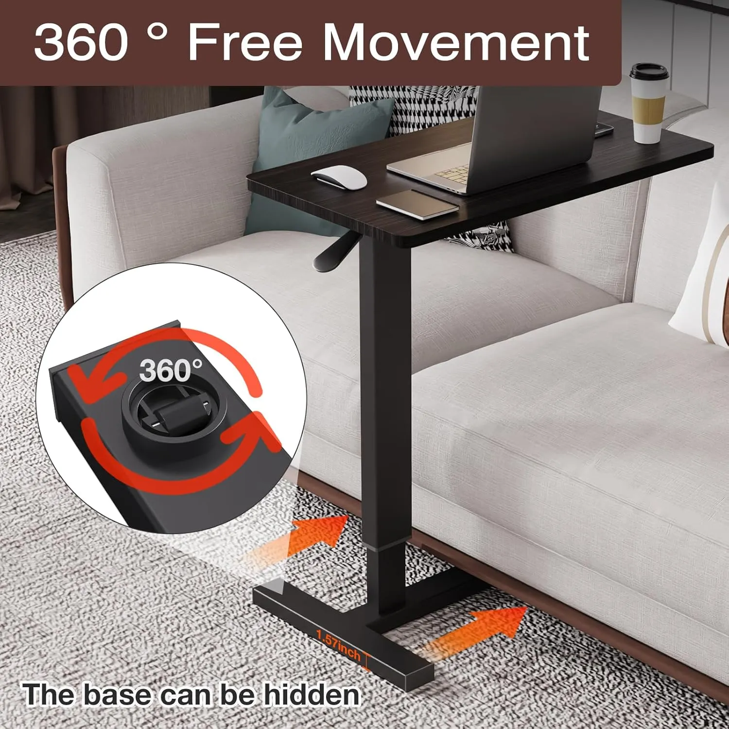 Adjustable Overbed Bedside Table with Wheels, Hospital Bed Table for Home Rolling Laptop Table, Pneumatic Mobile Standing Desk, Maple