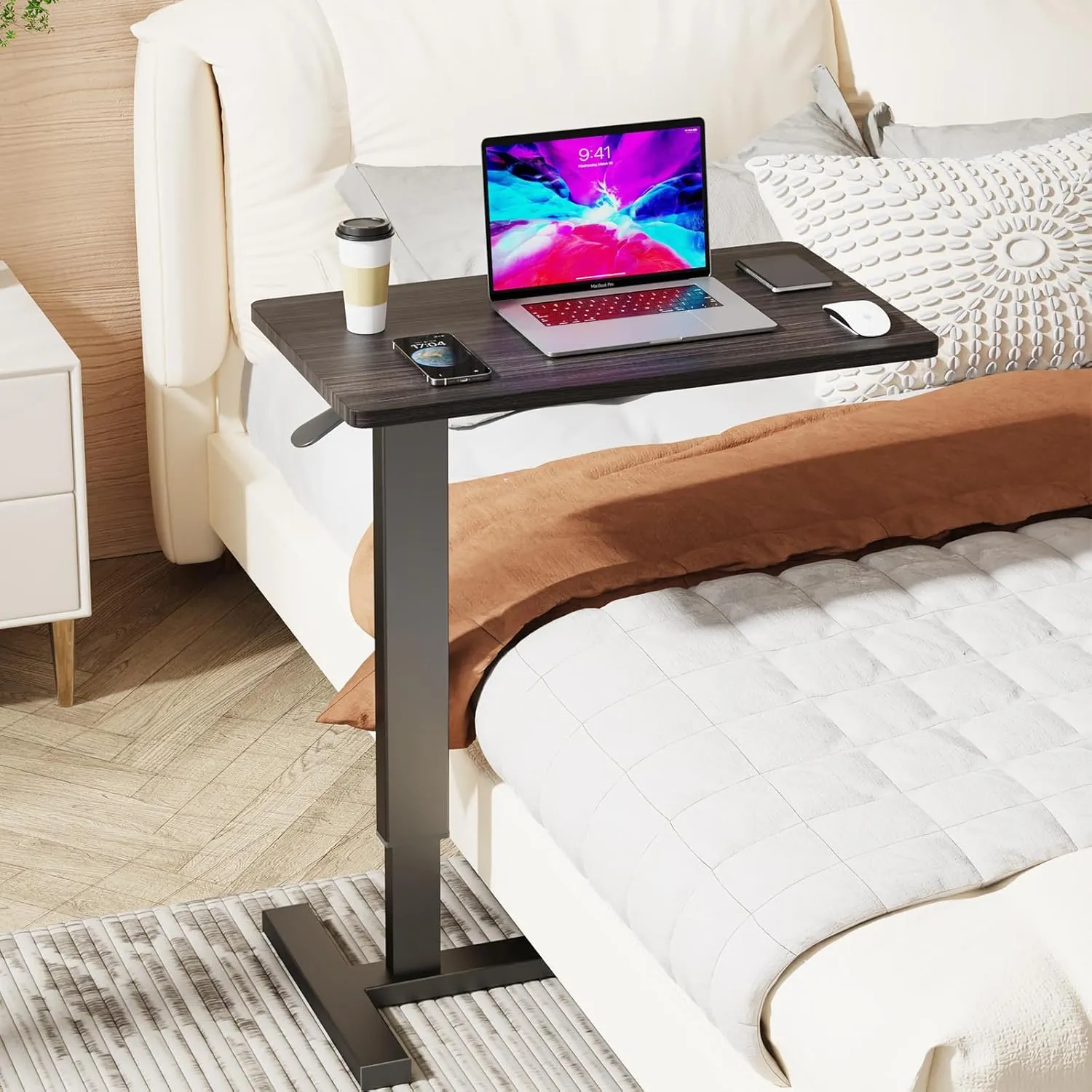 Adjustable Overbed Bedside Table with Wheels, Hospital Bed Table for Home Rolling Laptop Table, Pneumatic Mobile Standing Desk, Maple