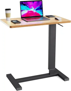 Adjustable Overbed Bedside Table with Wheels, Hospital Bed Table for Home Rolling Laptop Table, Pneumatic Mobile Standing Desk, Maple