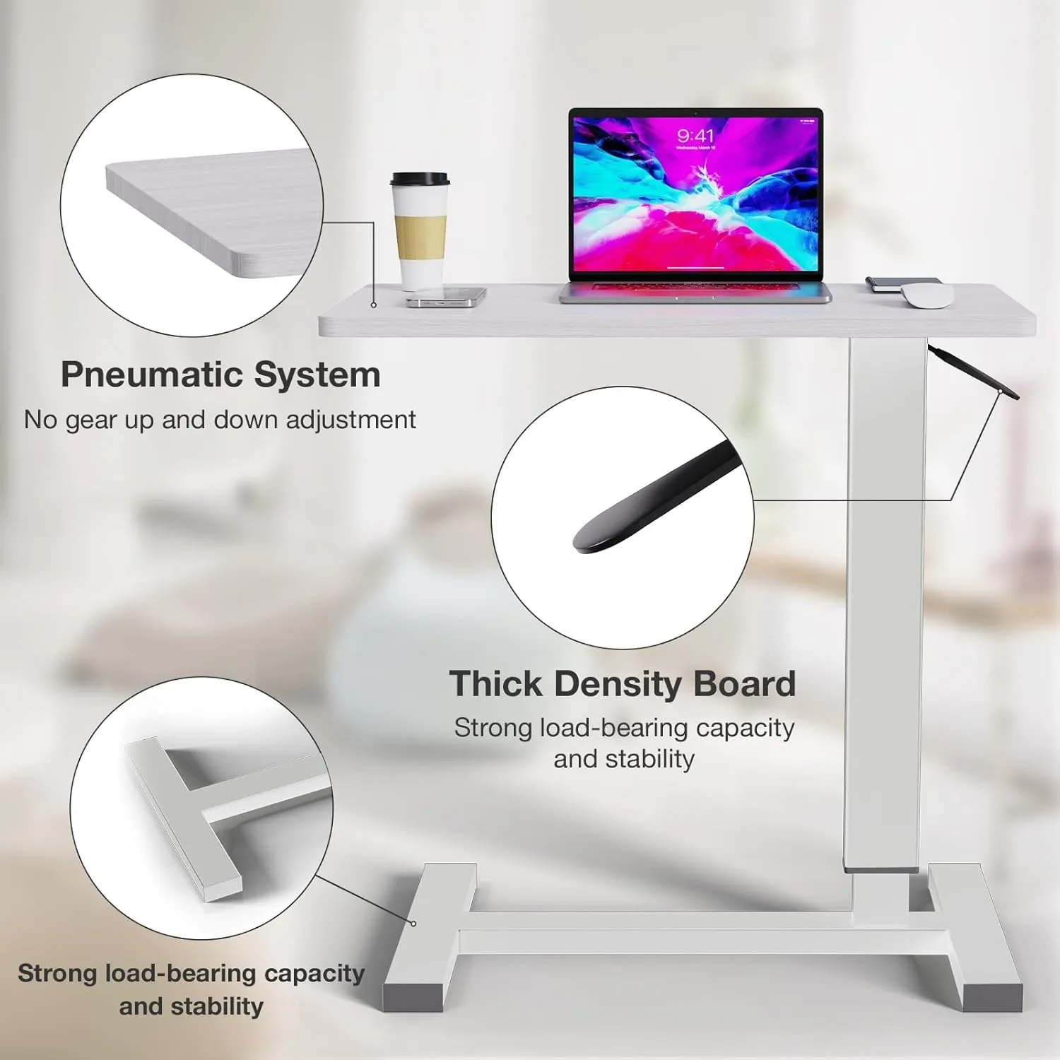 Adjustable Overbed Bedside Table with Wheels, Hospital Bed Table for Home Rolling Laptop Table, Pneumatic Mobile Standing Desk, White