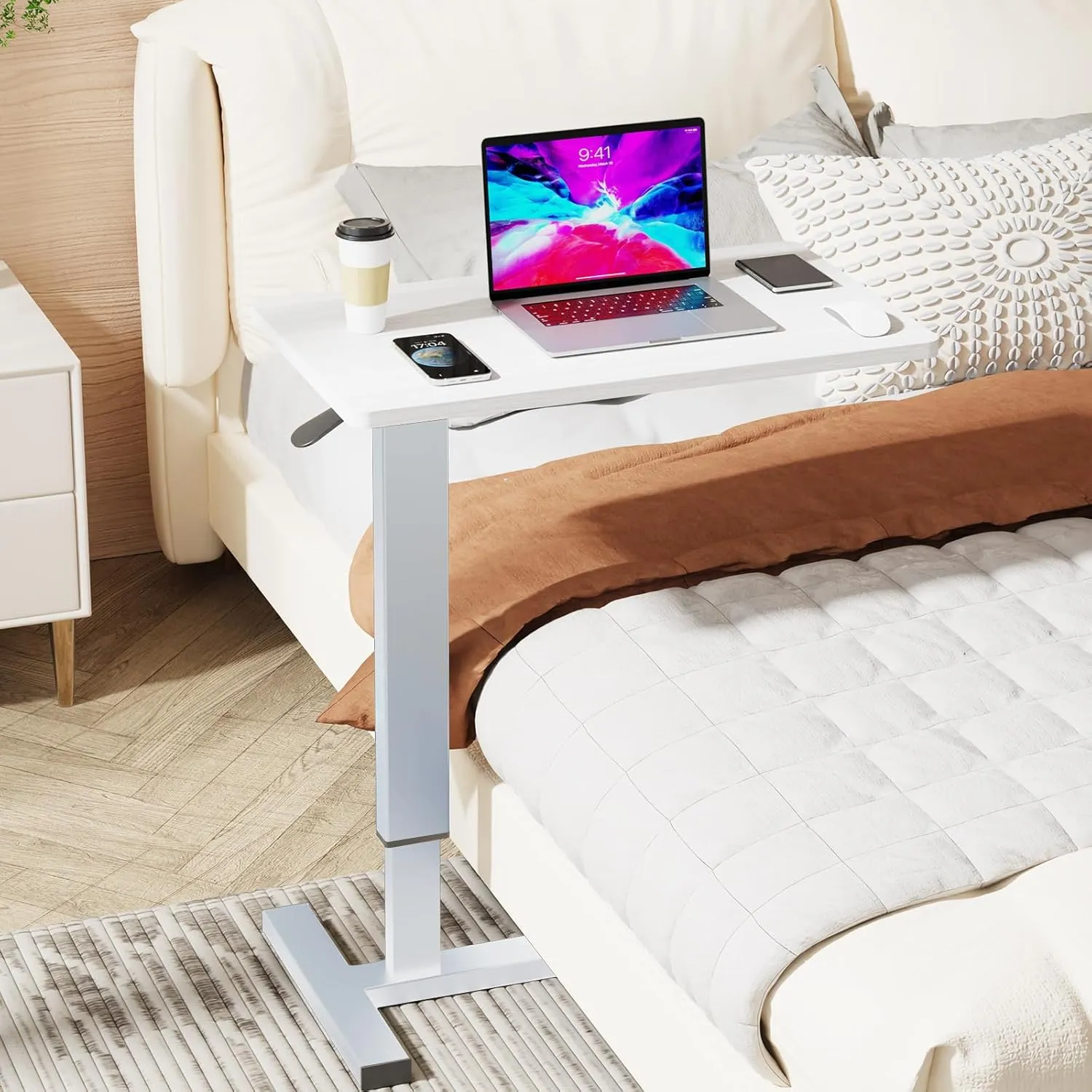 Adjustable Overbed Bedside Table with Wheels, Hospital Bed Table for Home Rolling Laptop Table, Pneumatic Mobile Standing Desk, White