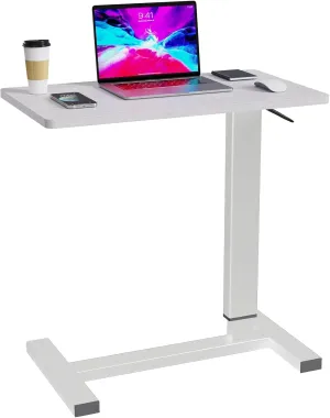 Adjustable Overbed Bedside Table with Wheels, Hospital Bed Table for Home Rolling Laptop Table, Pneumatic Mobile Standing Desk, White
