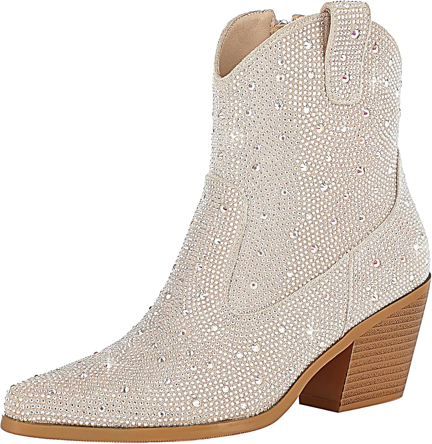 Agodor Rhinestone Cowboy Boots Women Glitter Chunky Heel Western Cowgirl Booties Sparkly Pointed Toe Wedding Shoes
