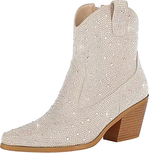 Agodor Rhinestone Cowboy Boots Women Glitter Chunky Heel Western Cowgirl Booties Sparkly Pointed Toe Wedding Shoes