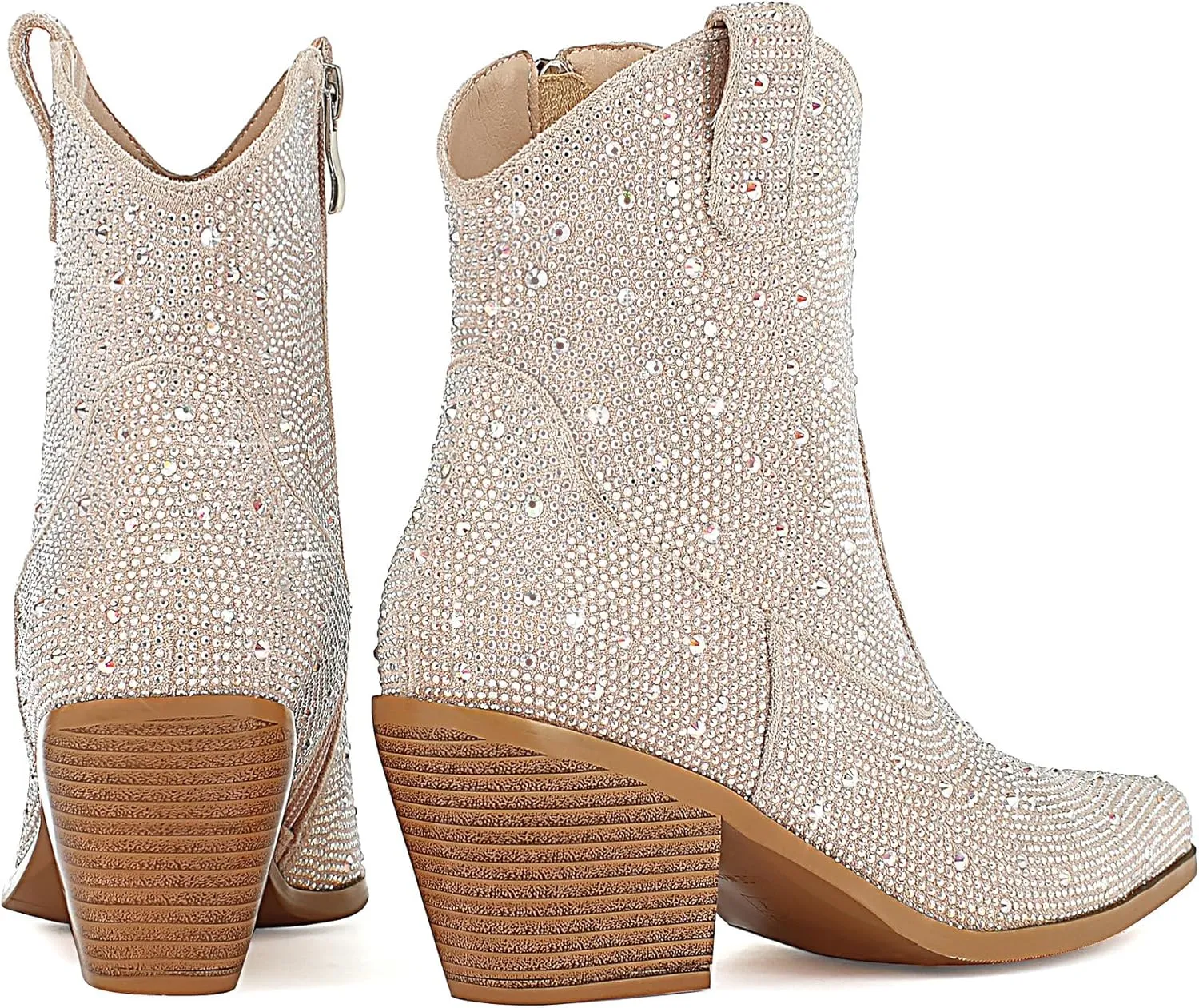 Agodor Rhinestone Cowboy Boots Women Glitter Chunky Heel Western Cowgirl Booties Sparkly Pointed Toe Wedding Shoes