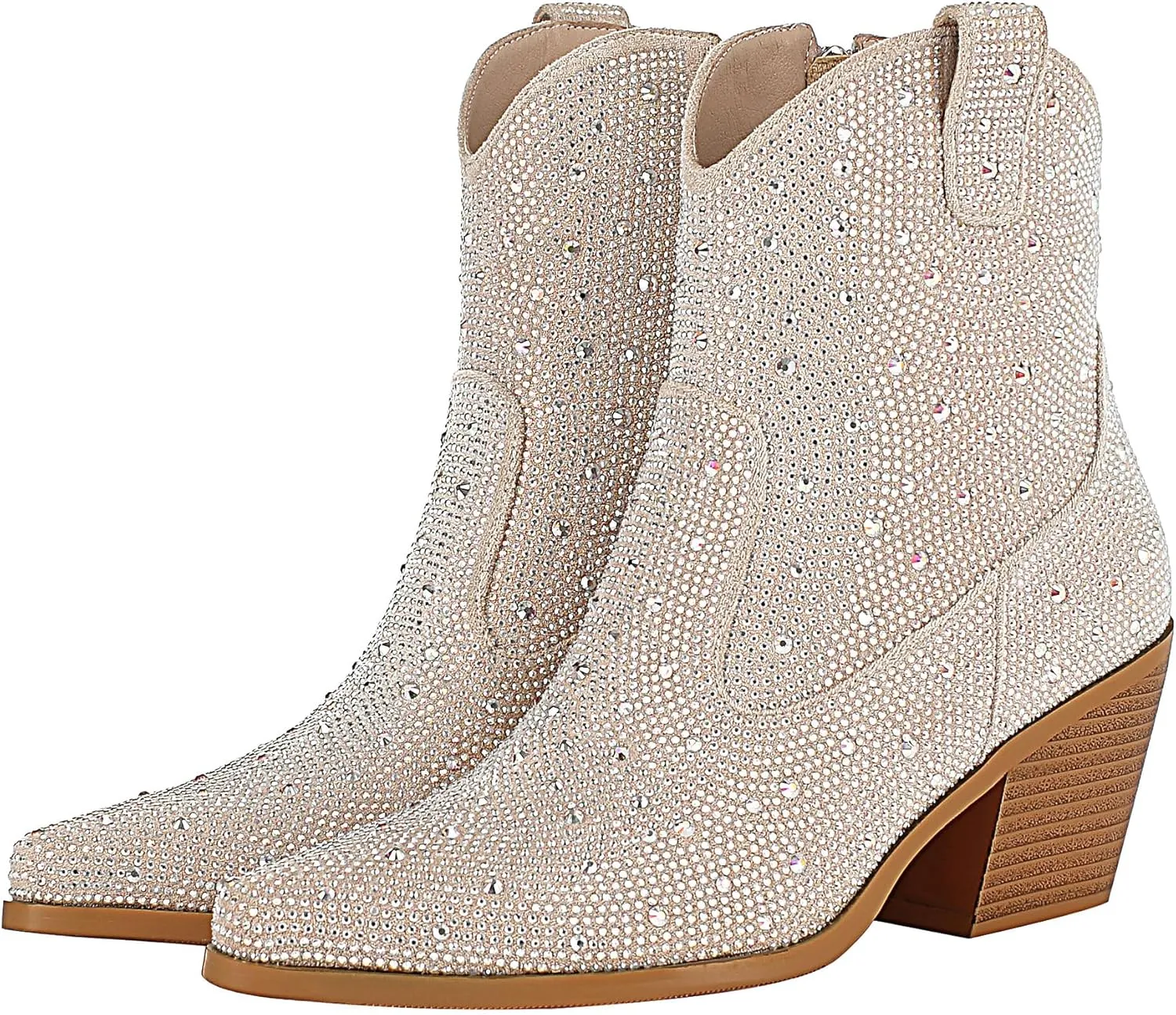 Agodor Rhinestone Cowboy Boots Women Glitter Chunky Heel Western Cowgirl Booties Sparkly Pointed Toe Wedding Shoes
