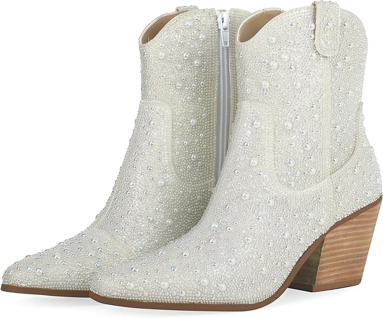 Agodor Rhinestone Cowboy Boots Women Glitter Chunky Heel Western Cowgirl Booties Sparkly Pointed Toe Wedding Shoes