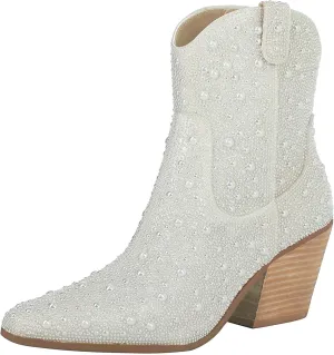 Agodor Rhinestone Cowboy Boots Women Glitter Chunky Heel Western Cowgirl Booties Sparkly Pointed Toe Wedding Shoes