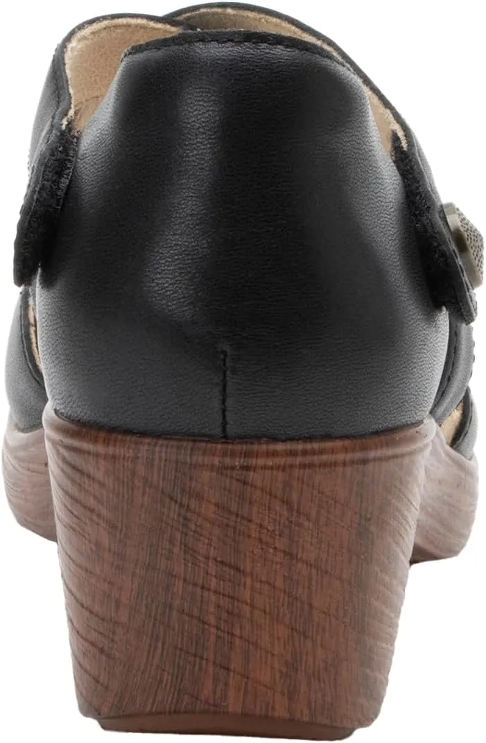 Alegria Womens Savina Leather Wedge - Stylish and Versatile Mary Jane for Endless Support - Enhanced Arch Slip Resistant Platform Ankle Cross Strap Heel for Professionals