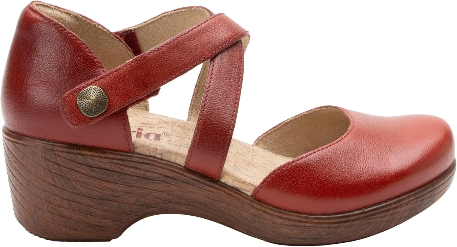 Alegria Womens Savina Leather Wedge - Stylish and Versatile Mary Jane for Endless Support - Enhanced Arch Slip Resistant Platform Ankle Cross Strap Heel for Professionals