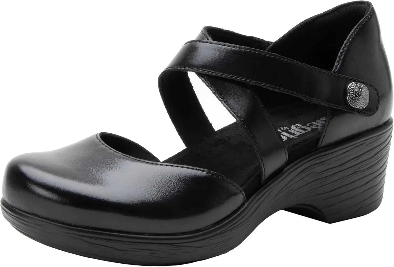 Alegria Womens Savina Leather Wedge - Stylish and Versatile Mary Jane for Endless Support - Enhanced Arch Slip Resistant Platform Ankle Cross Strap Heel for Professionals