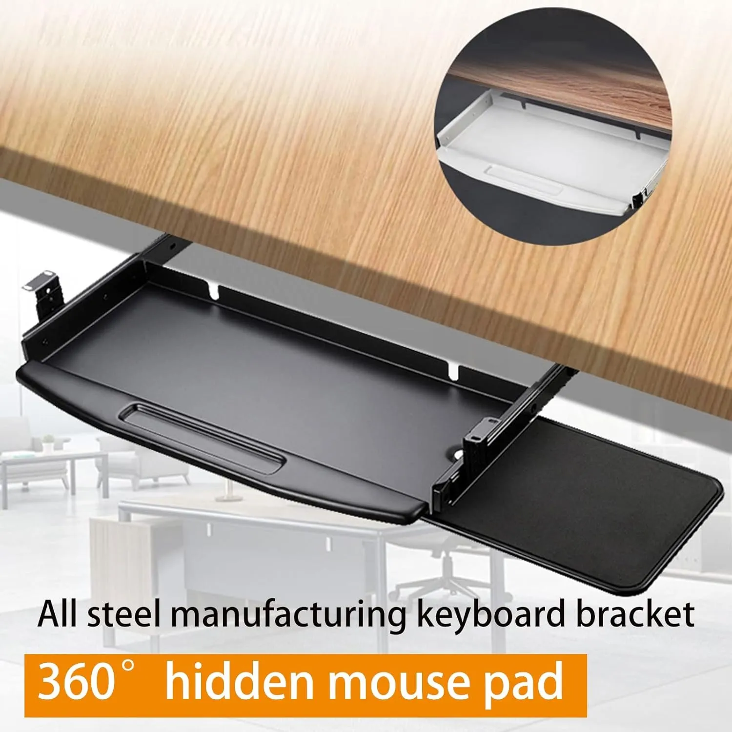 All Steel Sliding Under Desk Keyboard Tray with 360° Rotating Mouse Platform, Sturdy and Easy to Slide, Built-in Pen Holder, Pull-Out Keyboard Tray for Desk,