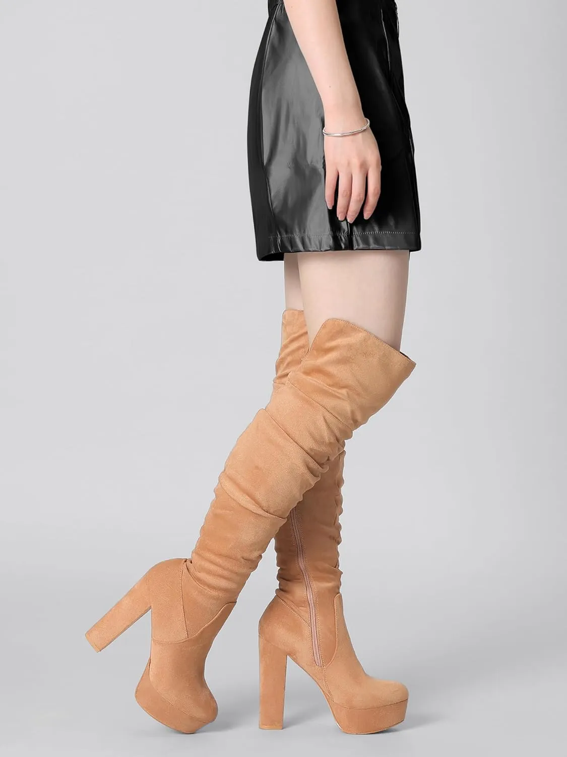 Allegra K Women's Platform Round Toe Zipper Slouch Heel Over the Knee Thigh High Boots