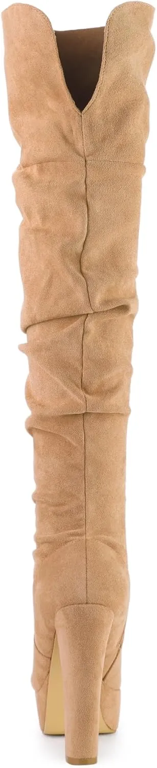 Allegra K Women's Platform Round Toe Zipper Slouch Heel Over the Knee Thigh High Boots