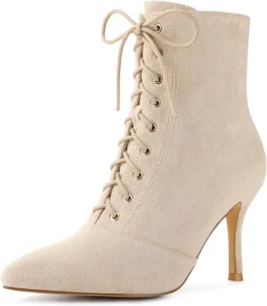 Allegra K Women's Pointy Toe Side Zip Lace Up Stiletto Heels Ankle Boots