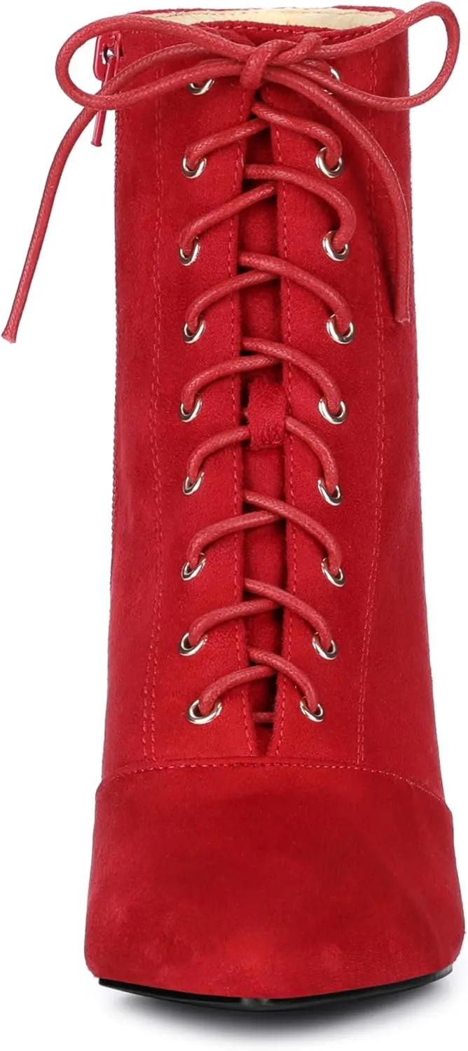 Allegra K Women's Pointy Toe Side Zip Lace Up Stiletto Heels Ankle Boots