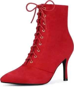 Allegra K Women's Pointy Toe Side Zip Lace Up Stiletto Heels Ankle Boots