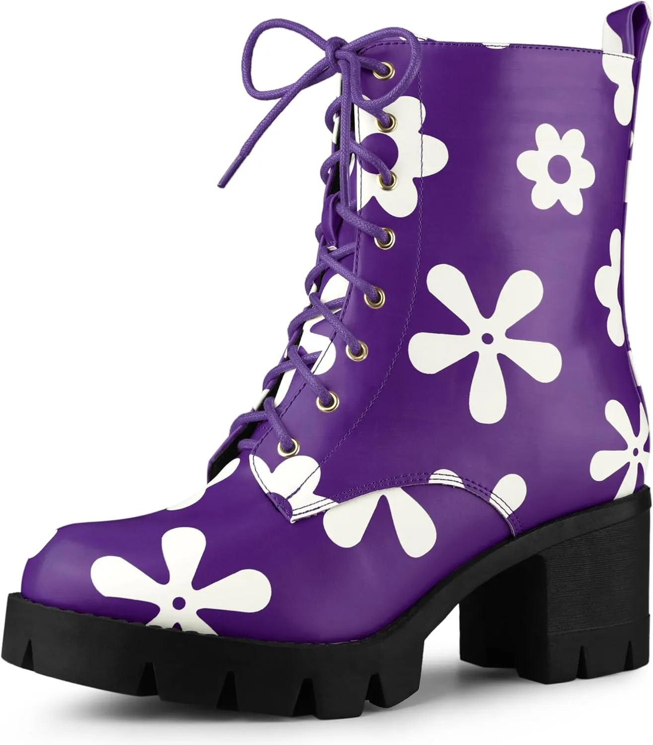 Allegra K Women's Printed Platform Round Toe Lace Up Chunky Heel Combat Boots