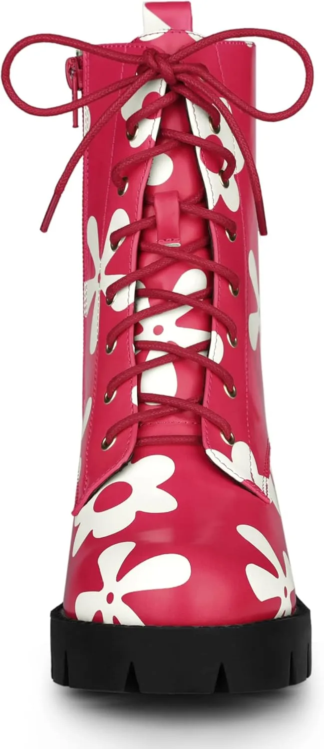 Allegra K Women's Printed Platform Round Toe Lace Up Chunky Heel Combat Boots