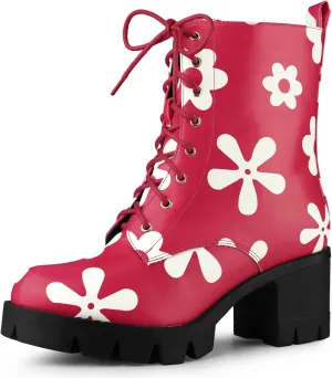 Allegra K Women's Printed Platform Round Toe Lace Up Chunky Heel Combat Boots