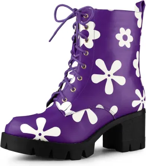 Allegra K Women's Printed Platform Round Toe Lace Up Chunky Heel Combat Boots