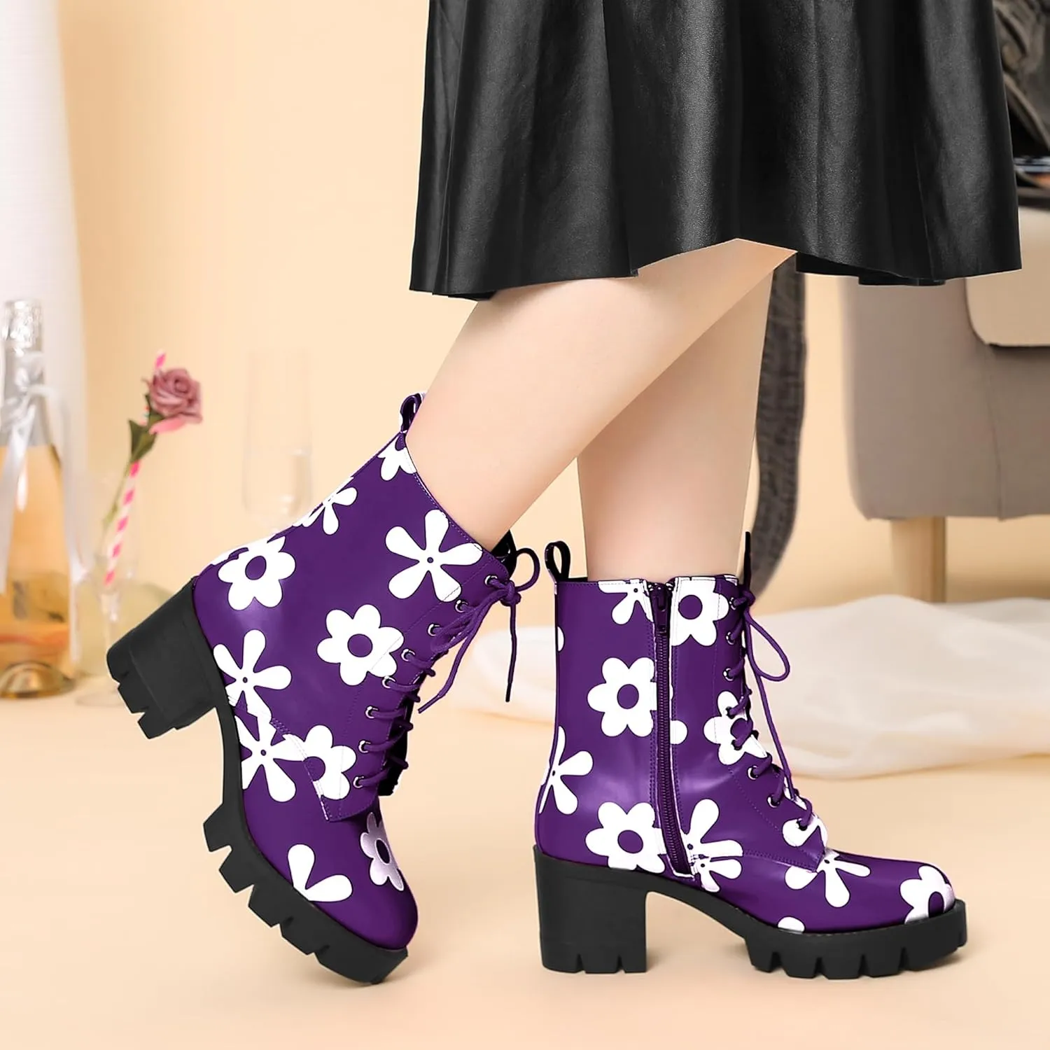 Allegra K Women's Printed Platform Round Toe Lace Up Chunky Heel Combat Boots