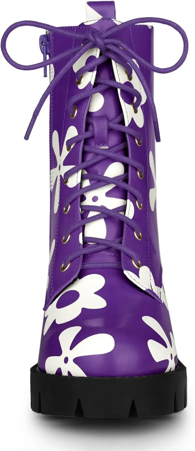 Allegra K Women's Printed Platform Round Toe Lace Up Chunky Heel Combat Boots