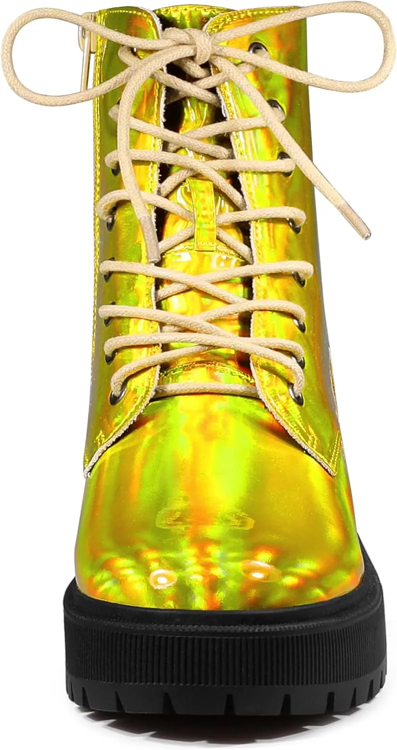 Allegra K Women's Round Toe Platform Lace Up Colorful Combat Ankle Boots
