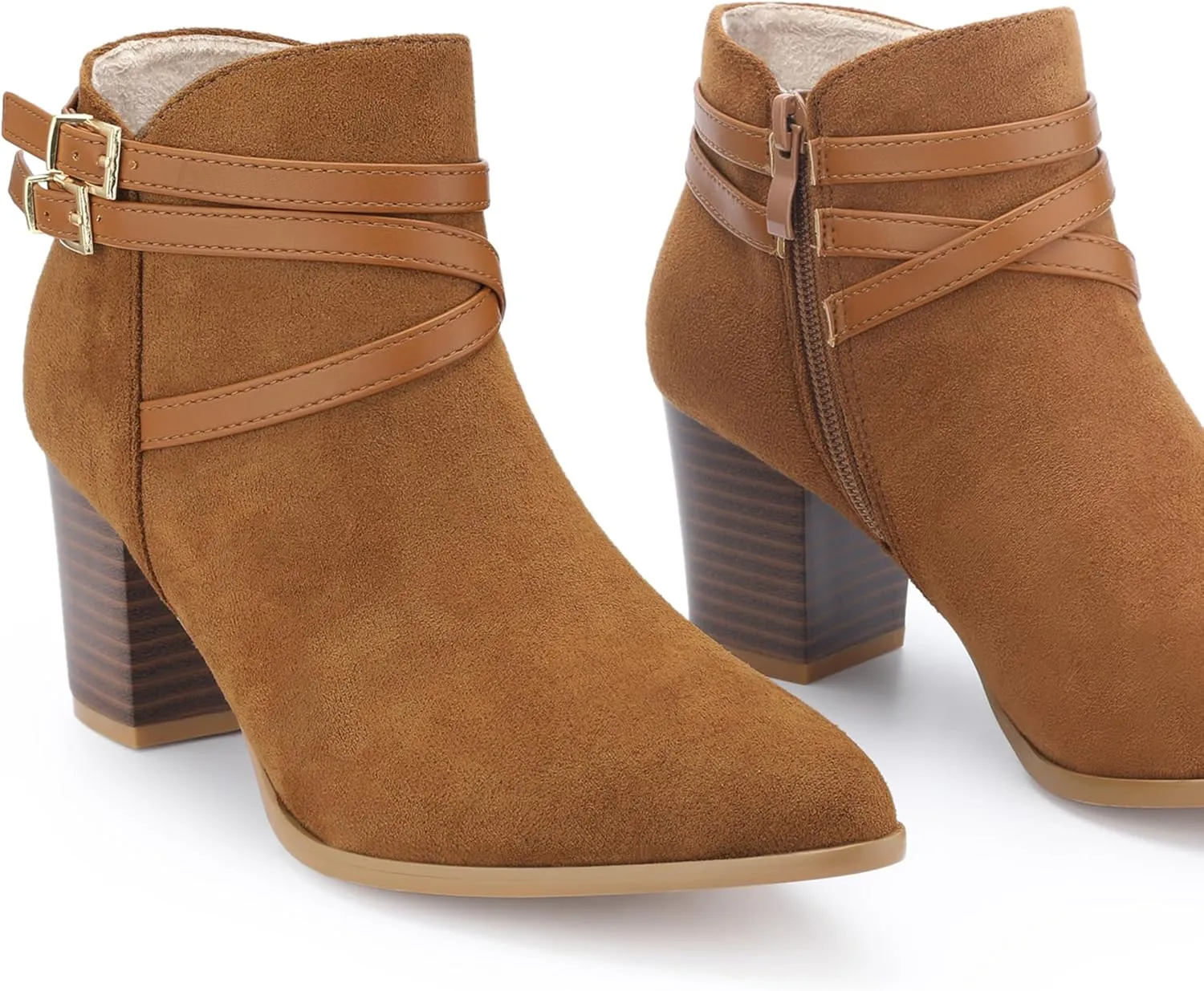 Allegra K Women's Strappy Pointed Toe Buckle Chunky Heel Ankle Booties