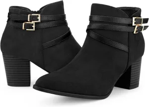 Allegra K Women's Strappy Pointed Toe Buckle Chunky Heel Ankle Booties
