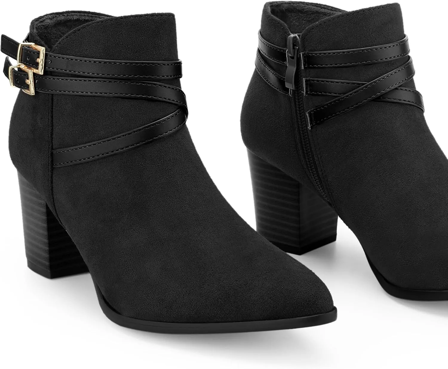 Allegra K Women's Strappy Pointed Toe Buckle Chunky Heel Ankle Booties