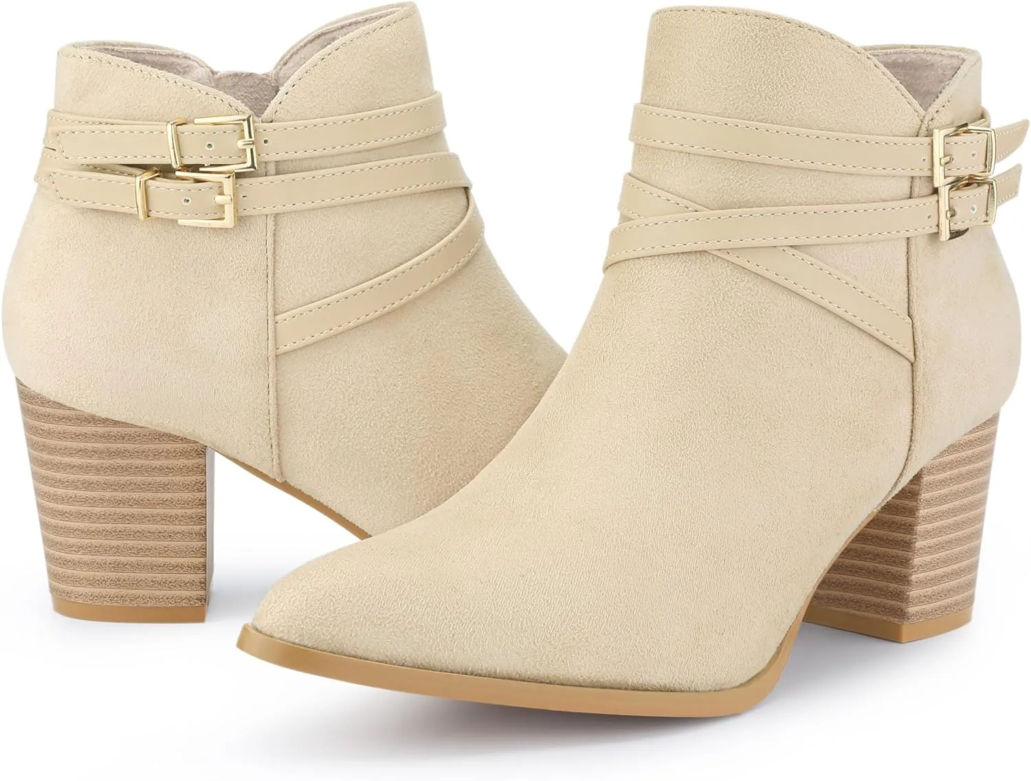 Allegra K Women's Strappy Pointed Toe Buckle Chunky Heel Ankle Booties