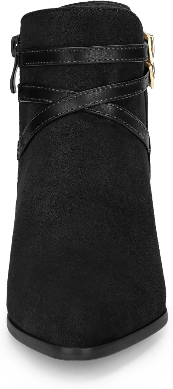 Allegra K Women's Strappy Pointed Toe Buckle Chunky Heel Ankle Booties