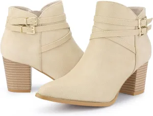 Allegra K Women's Strappy Pointed Toe Buckle Chunky Heel Ankle Booties