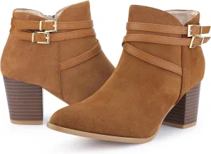 Allegra K Women's Strappy Pointed Toe Buckle Chunky Heel Ankle Booties