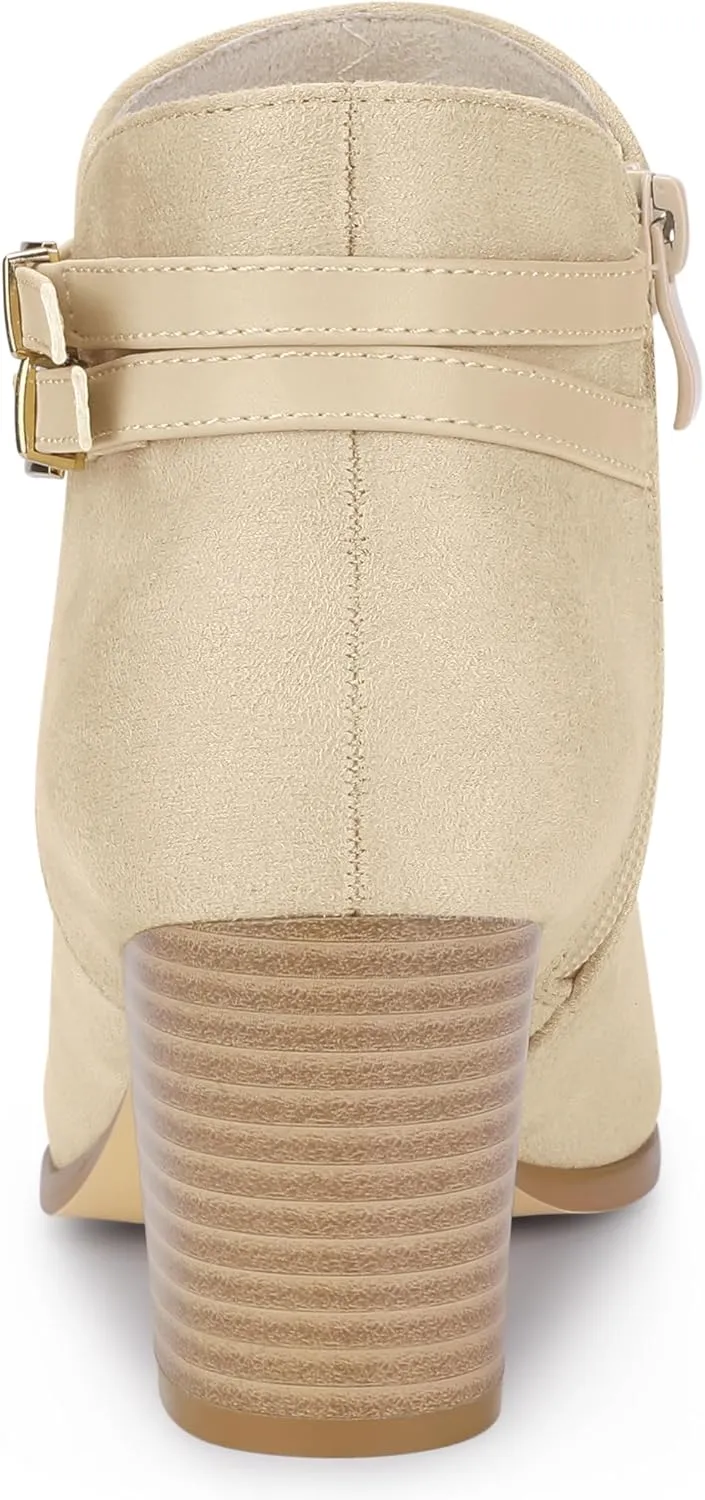 Allegra K Women's Strappy Pointed Toe Buckle Chunky Heel Ankle Booties