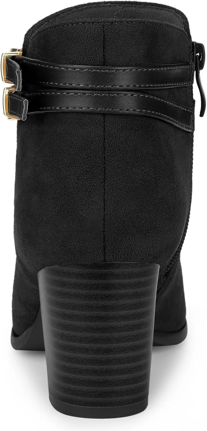Allegra K Women's Strappy Pointed Toe Buckle Chunky Heel Ankle Booties