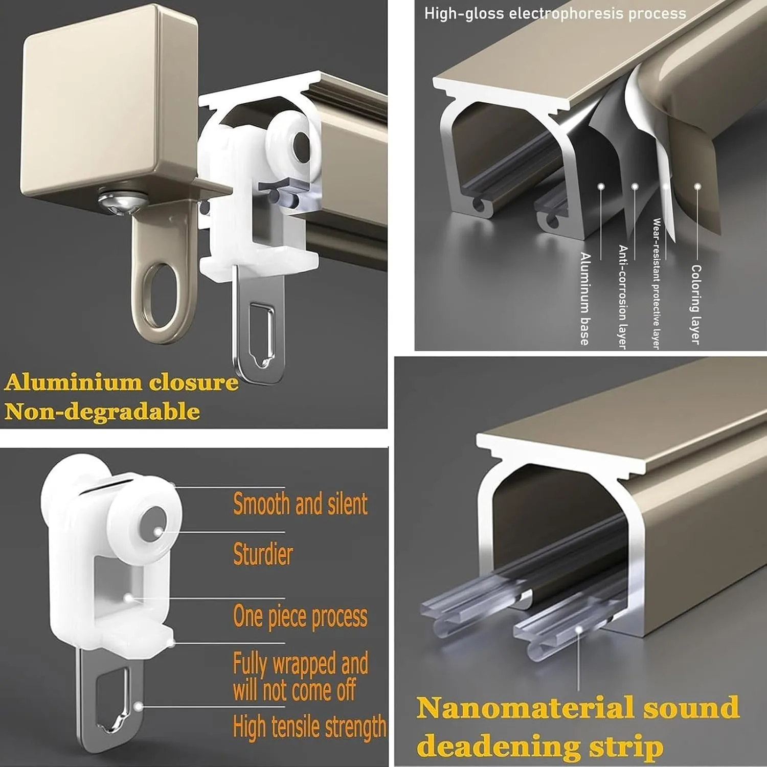 Aluminum Ceiling Track with Silent Rollers, Suitable for Room Partition Tracks(Noir,2.5M/8Ft)